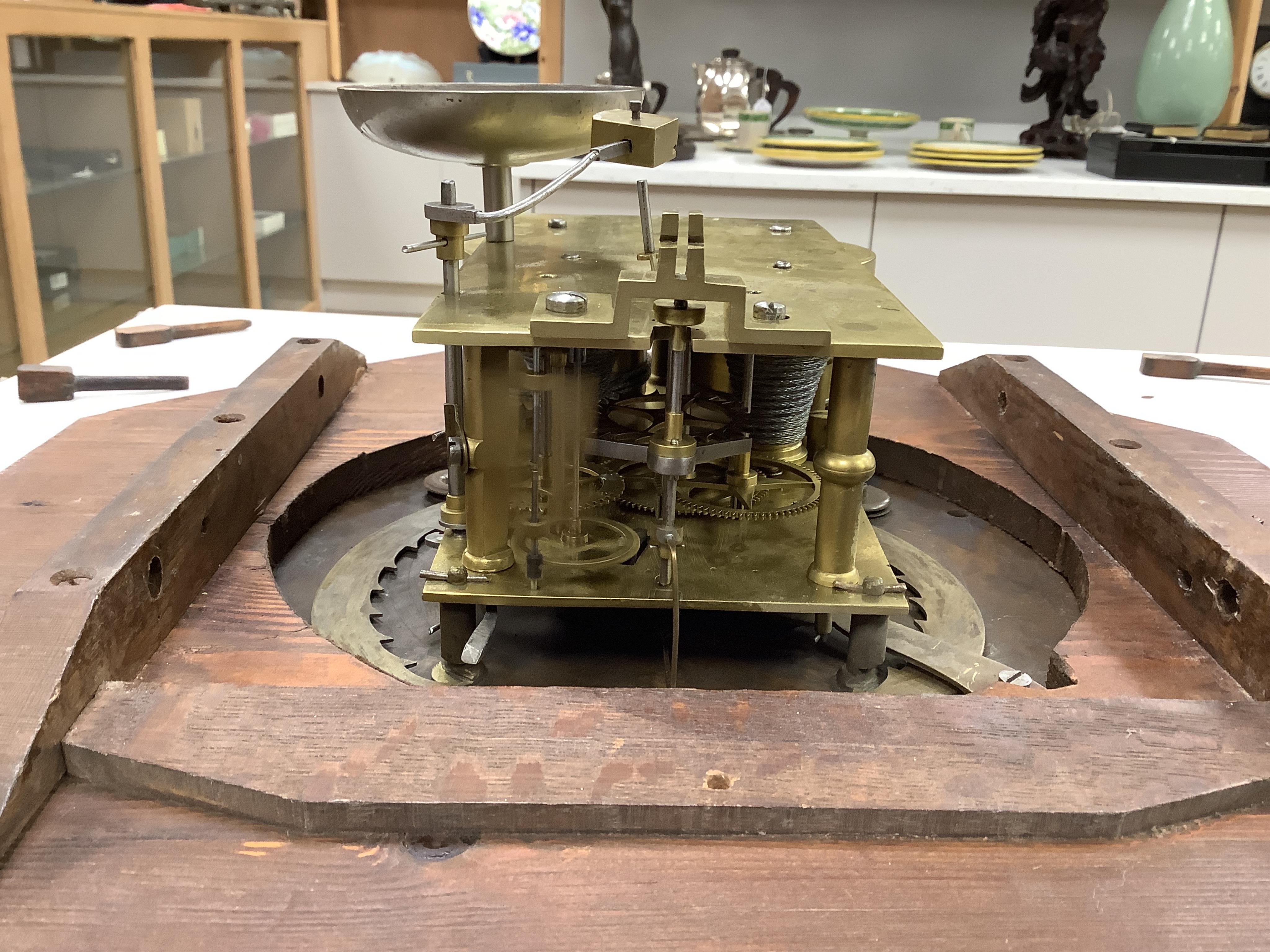 An unusual early Victorian drop dial wall clock, by Pace 126, Gt. Portland Street wall clock, twin fusee striking on a bell with visible pendulum bob and key, 53cm high. Condition - fair, untested